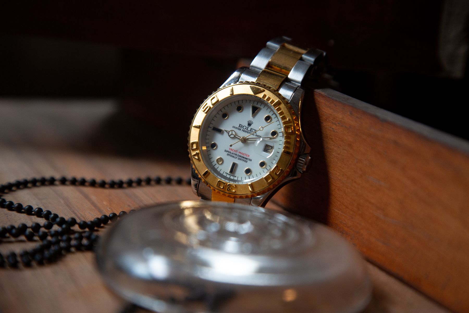 Close-up of a gold and silver luxury wristwatch